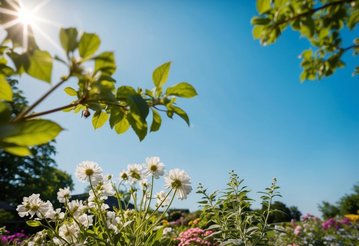 A sunny garden in June, with blooming flowers and a clear blue sky, is the perfect setting for a wedding illustration