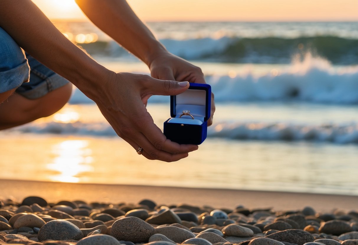 A person holding a ring box in one hand and kneeling on a beach at sunset, with waves crashing in the background