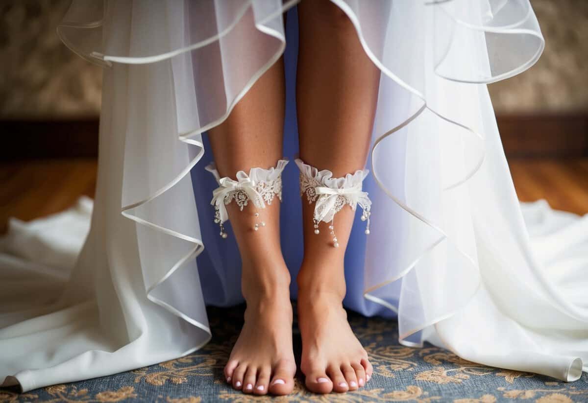 A bride's garter peeking out from under her flowing dress