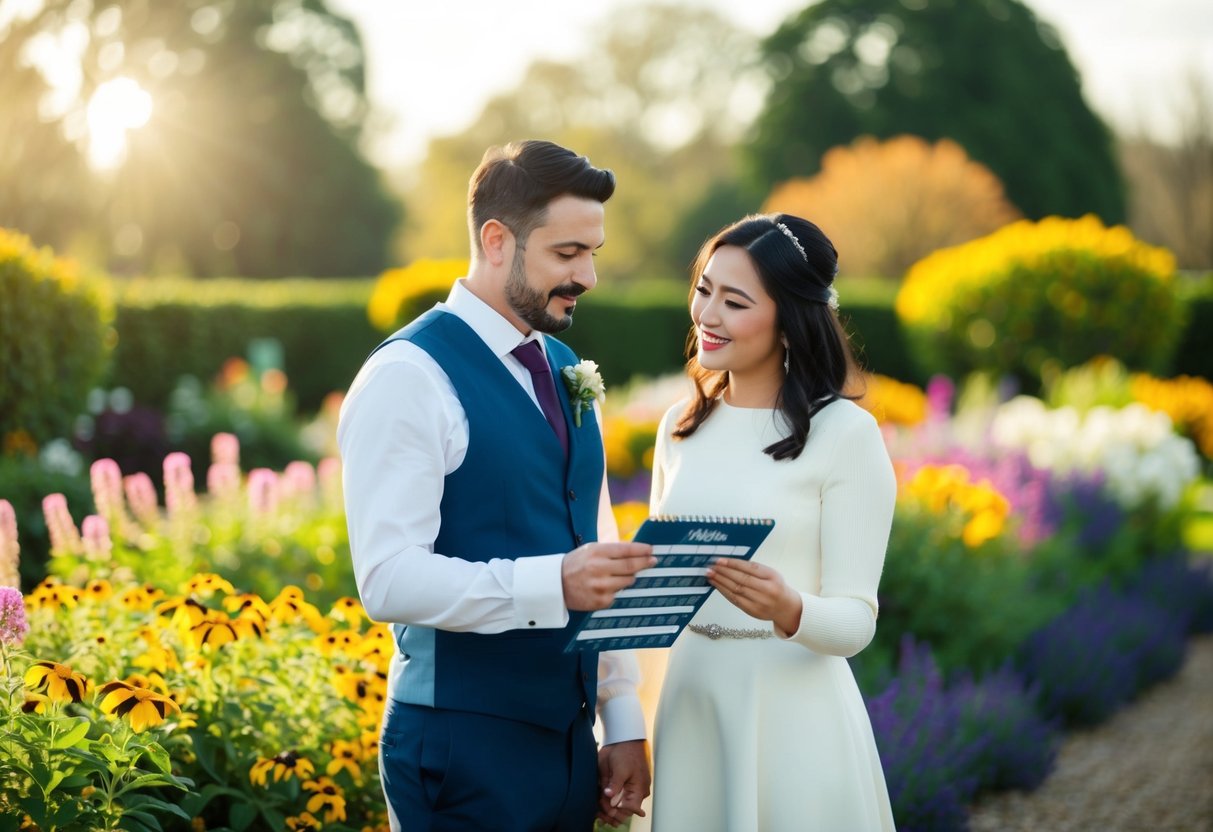 A couple stands in a blooming garden, surrounded by colorful flowers and warm sunlight, discussing wedding dates on a calendar