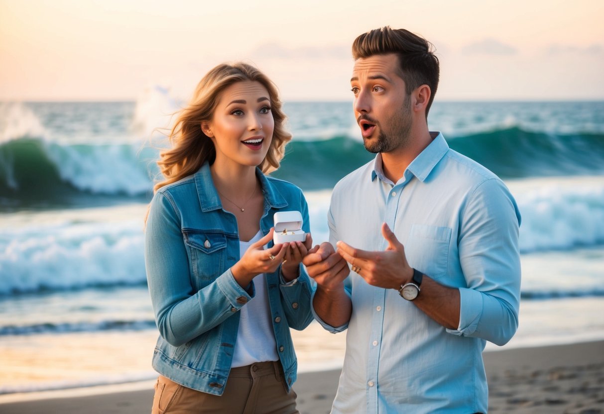 A couple standing on a beach at sunset, one holding a ring box, the other looking surprised. Waves crashing in the background