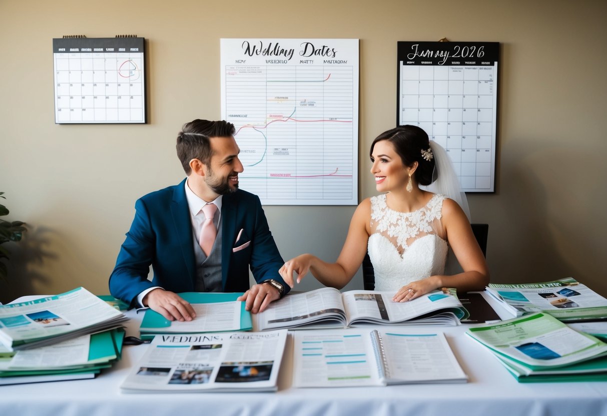 A couple sits at a table covered in wedding magazines and spreadsheets, discussing wedding dates. A calendar hangs on the wall, with different months circled and crossed out