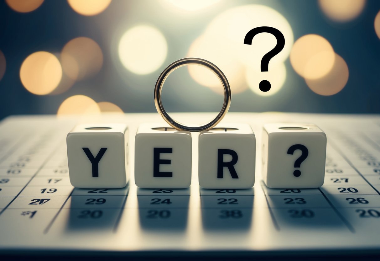 A calendar with three years marked off, a ring, and a question mark