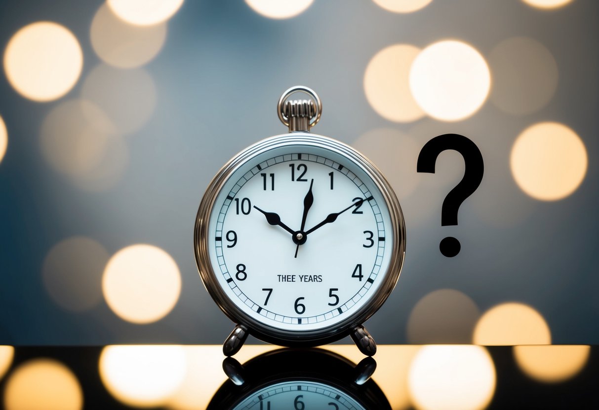 A ring placed on a clock, set to three years. A question mark hovers between societal pressure and personal freedom