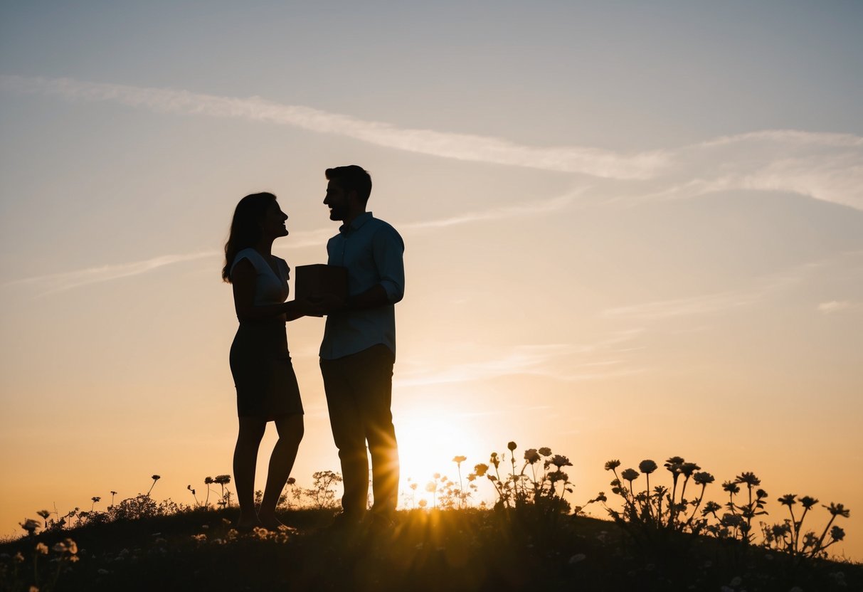 A couple's silhouette stands on a hill at sunset, surrounded by blooming flowers and a clear sky. The figure is holding a small box, while the other looks surprised and emotional