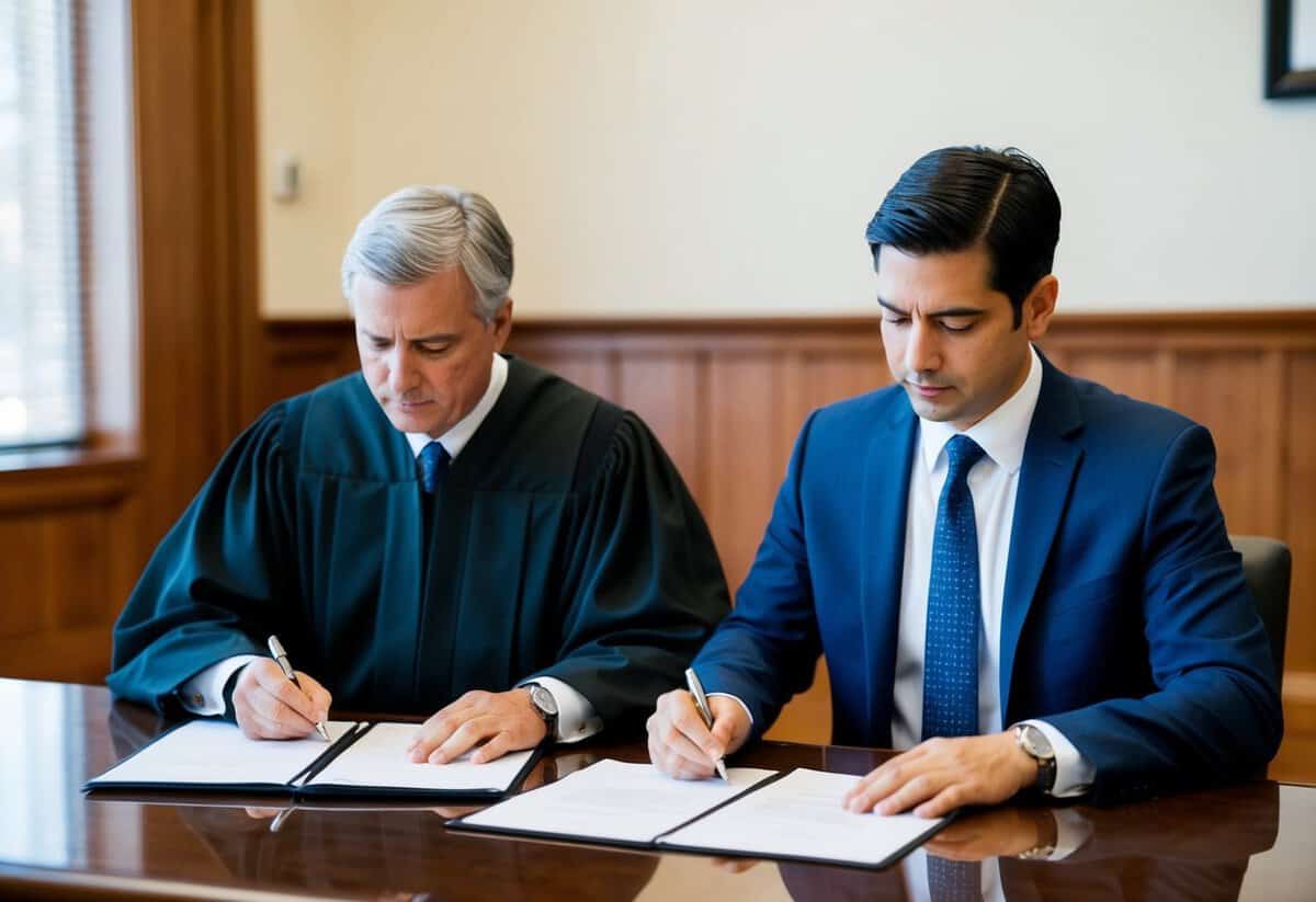 In a courtroom, a judge signs divorce papers while a couple sits apart, looking dejected