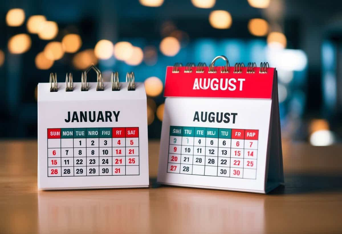 A calendar with highlighted dates in January and August