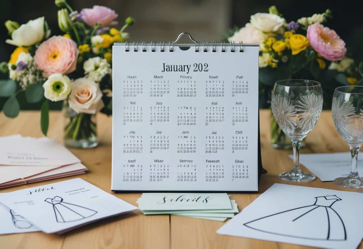 A calendar with 20 months marked off, surrounded by wedding planning materials like flowers, invitations, and a dress sketch