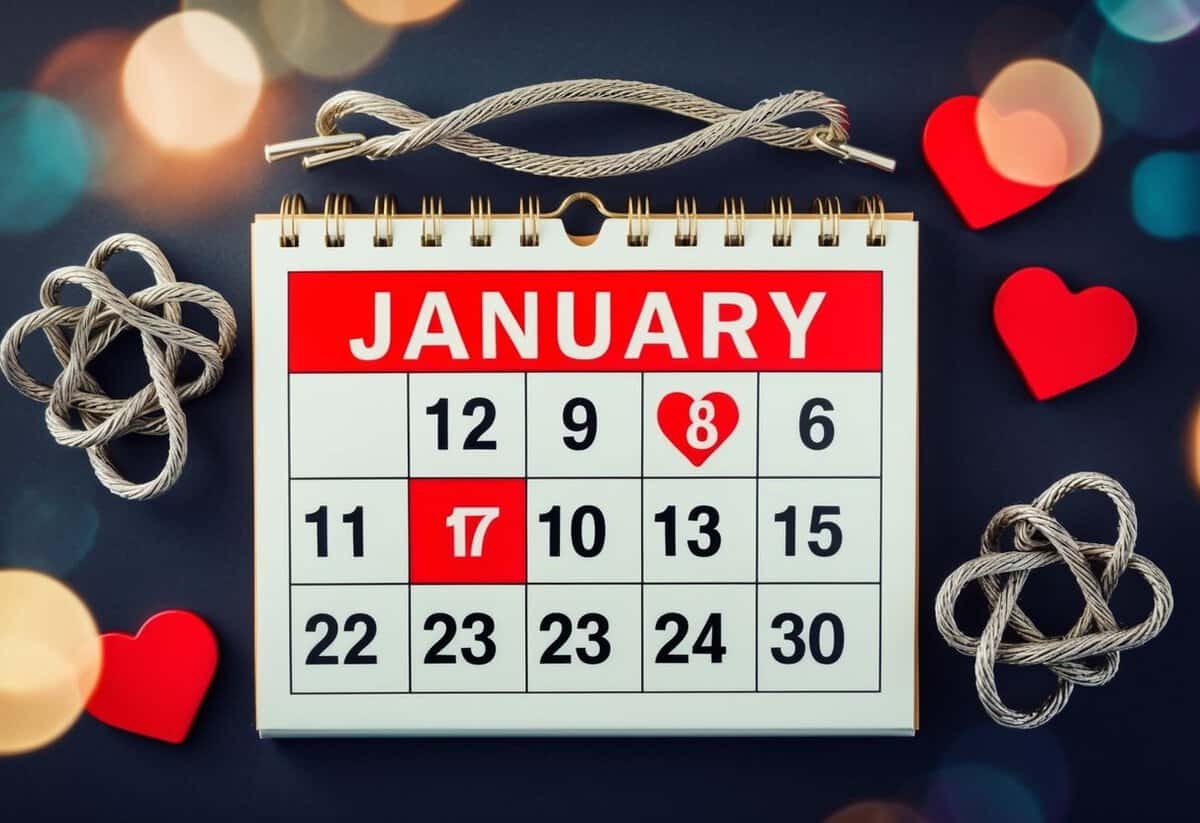A calendar with the month of January highlighted, surrounded by broken heart symbols and a tangled knot