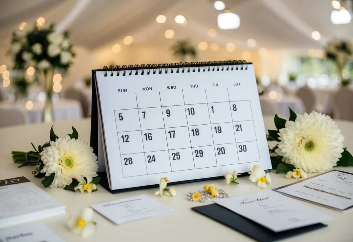 A calendar with 20 months marked, surrounded by wedding planning materials like flowers, invitations, and a venue layout