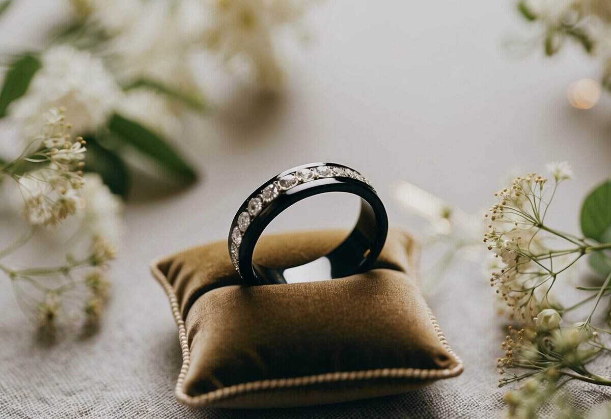 A wedding band sits on a velvet cushion, bathed in soft light, surrounded by delicate flowers and greenery