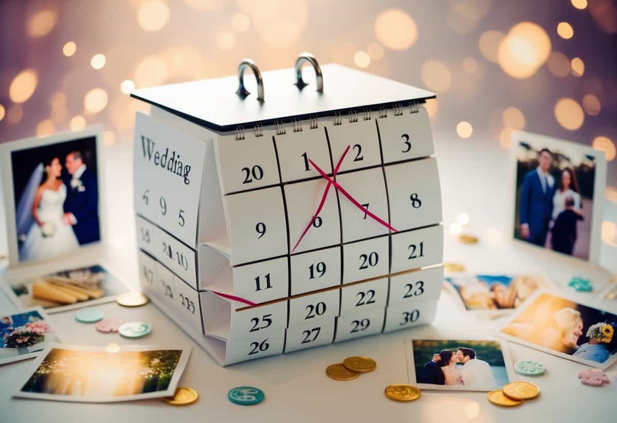 A calendar with 20 months crossed out, surrounded by wedding-related images and symbols