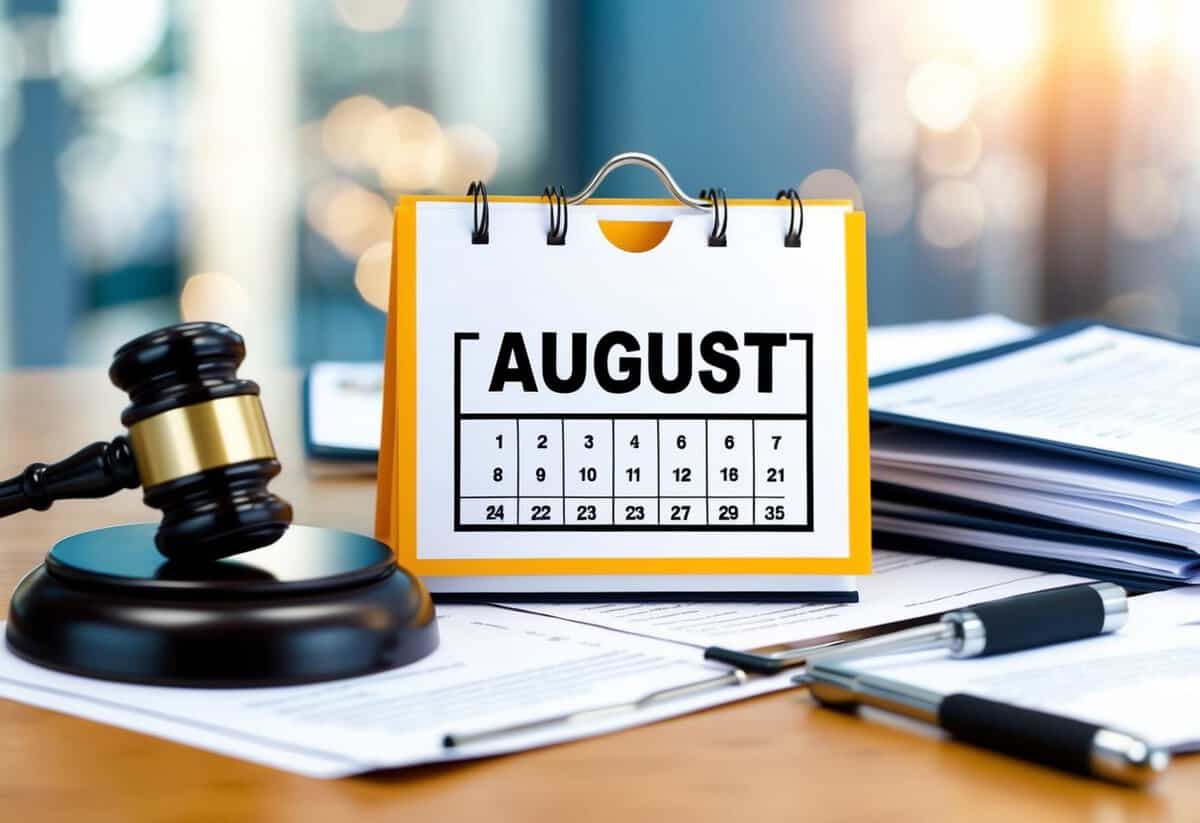 A calendar with the month of August circled, surrounded by legal documents and a gavel