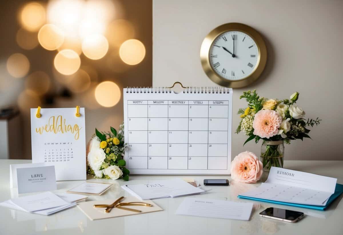 A calendar with 20 months crossed out, surrounded by wedding planning items like invitations, flowers, and venue options