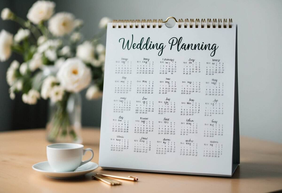 A calendar with wedding planning notes spanning 20 months