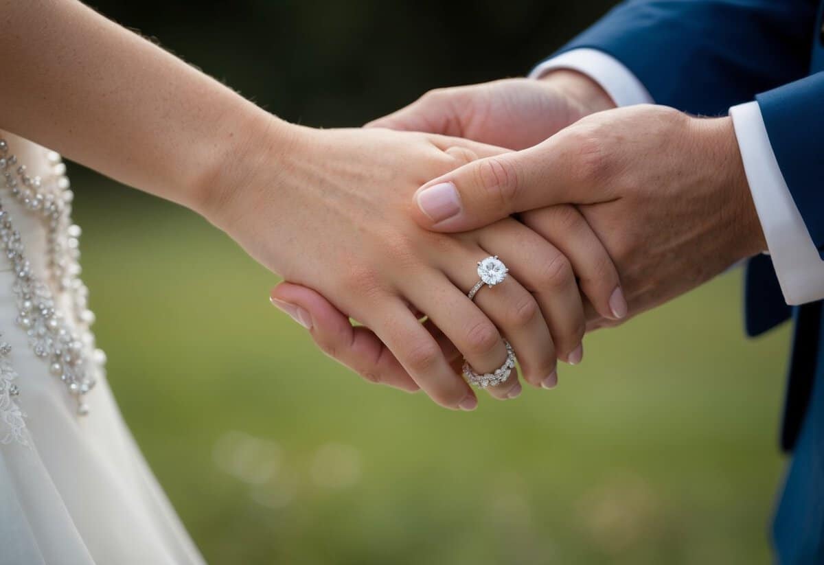 A bride and groom-to-be holding hands, with the focus on their intertwined fingers and the sparkling wedding bands on their ring fingers