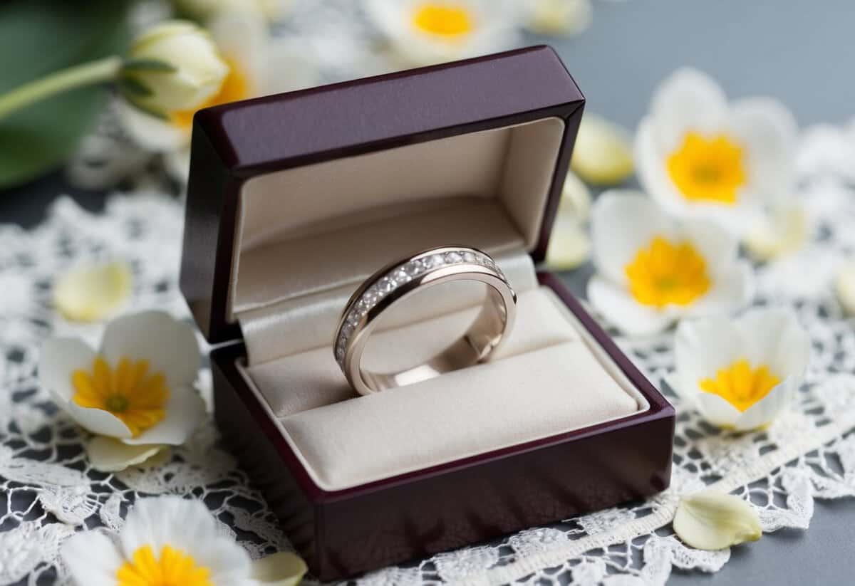 A wedding band hidden inside a closed jewelry box, surrounded by delicate lace and flower petals