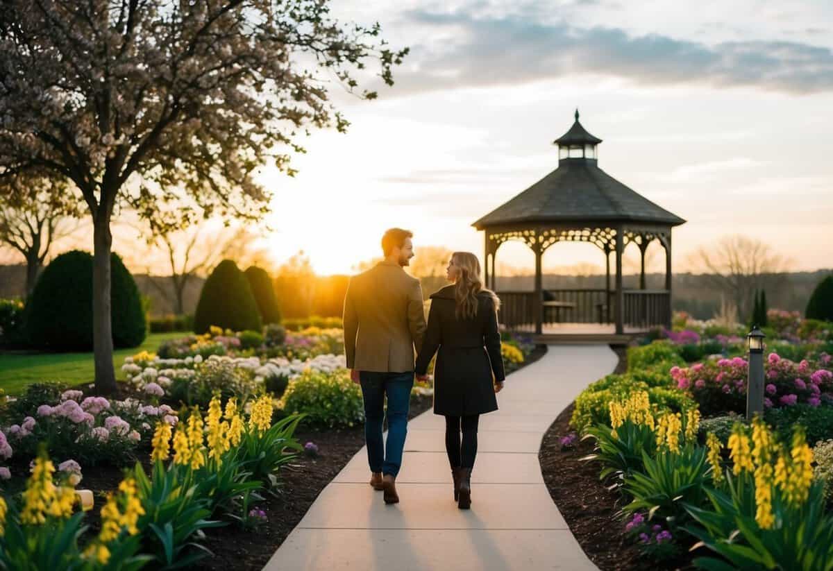 A couple walking through a blooming garden, with a path leading to a gazebo under a sunset sky