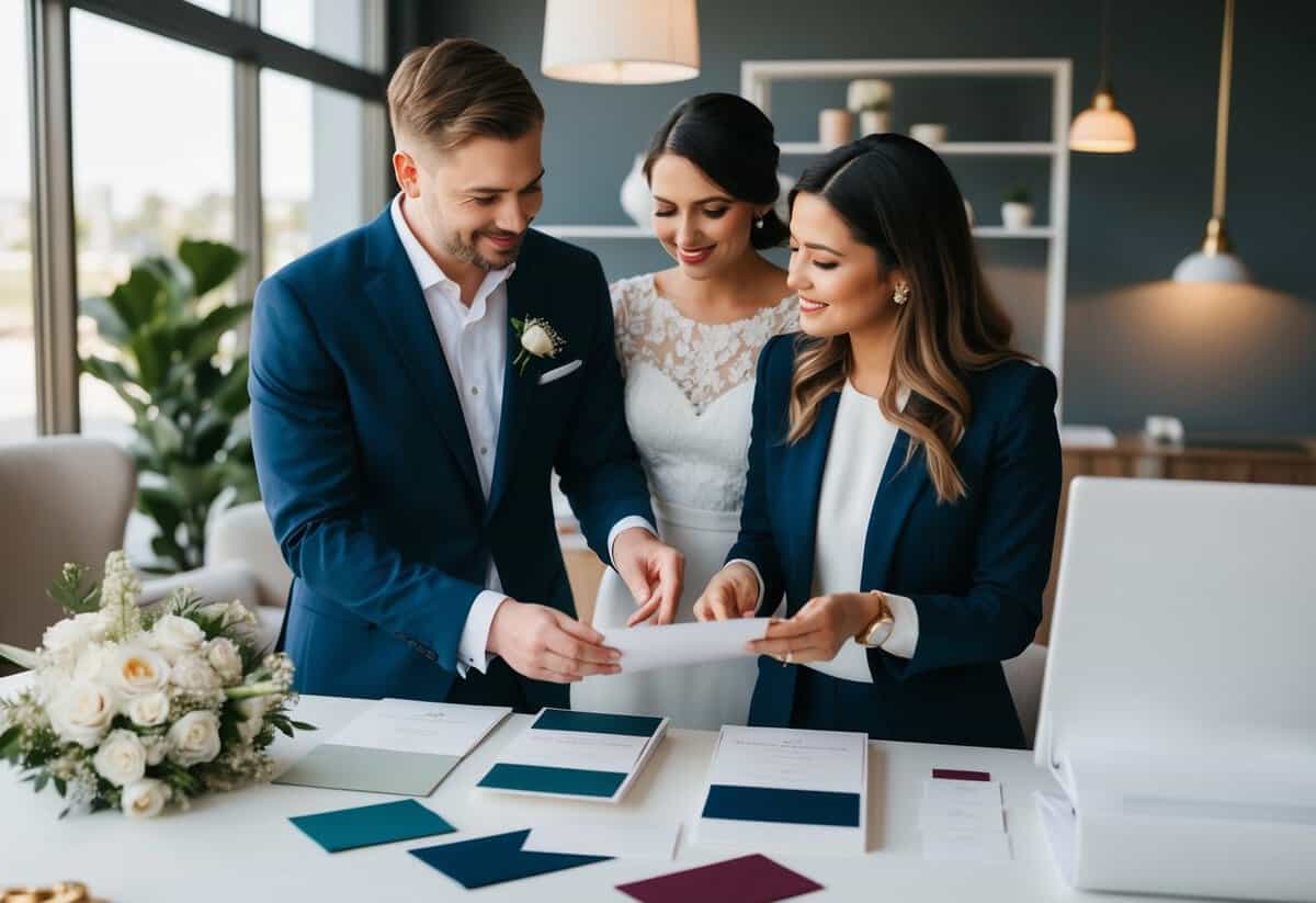 A couple choosing wedding invitations and discussing color options with a stationery designer