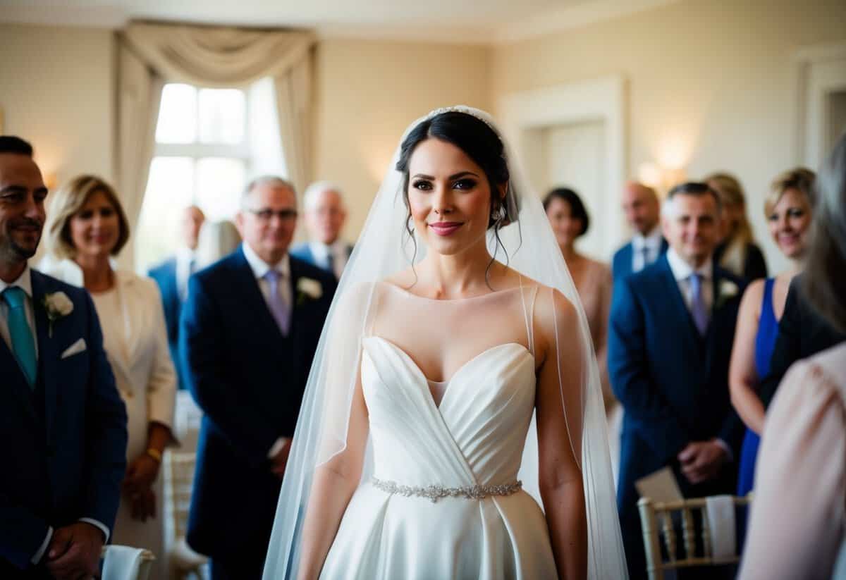A bride stands in a softly lit room, surrounded by guests. She wears a flowing wedding gown with a delicate veil draped over her face