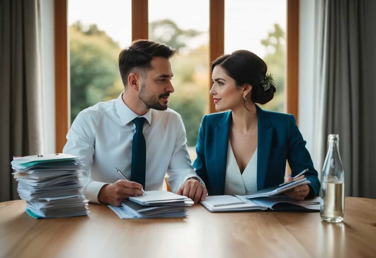 A couple sits at a table with a stack of bills and a notebook, discussing their finances and making plans for their upcoming wedding