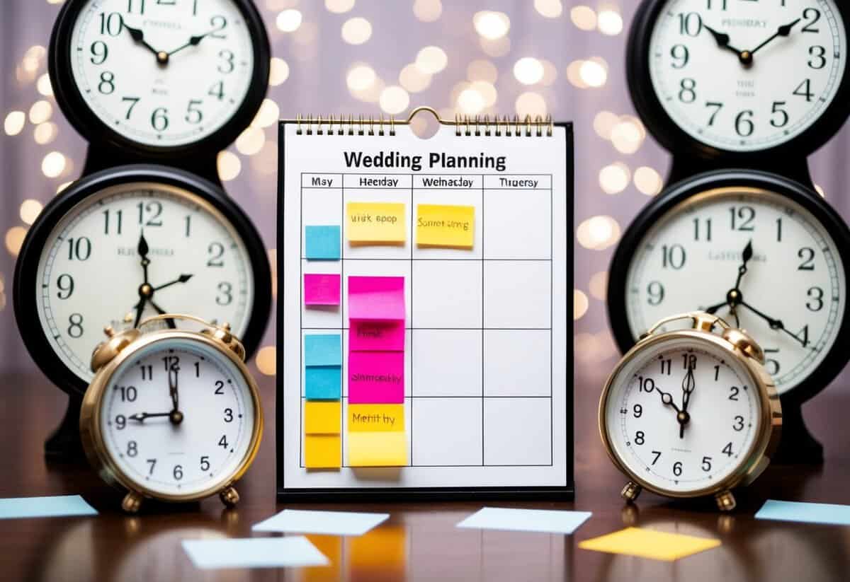 A calendar with wedding planning tasks marked off in different colors, surrounded by clocks showing the passage of time