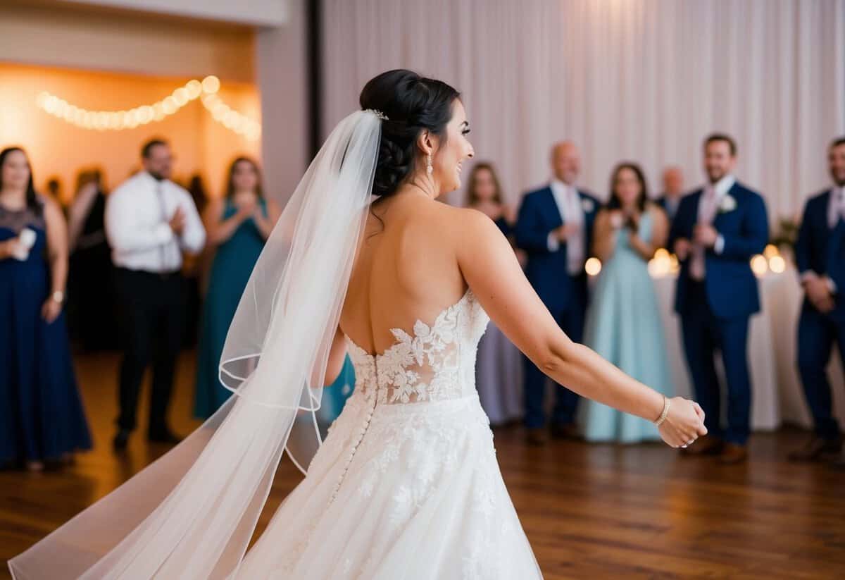A bride in a non-traditional gown dances with her veil flowing behind her at the reception