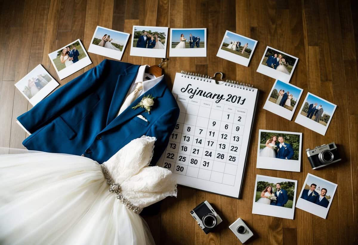 A bride's gown and groom's suit laid out with a calendar marking the wedding date surrounded by milestone photos