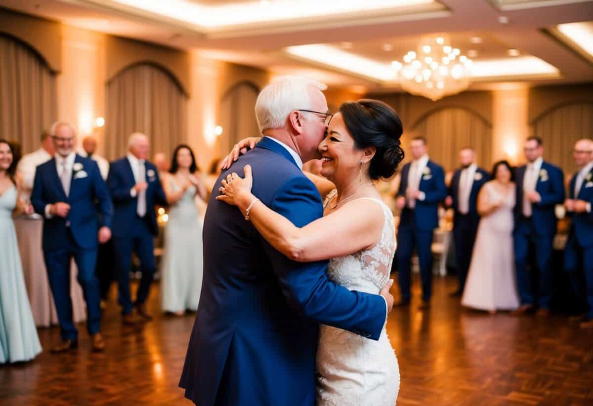 Parents embrace on the dance floor at a wedding reception. The room is filled with warm light and joyful chatter