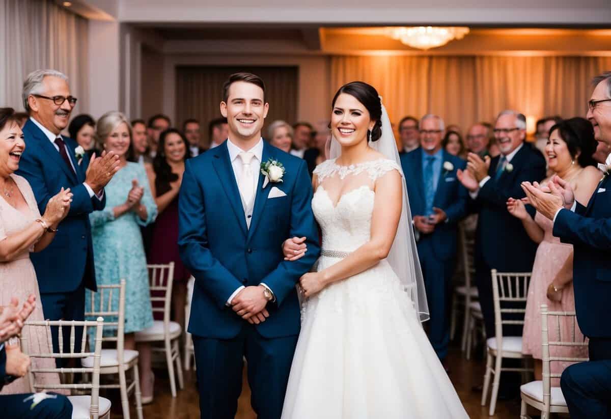 A bride and groom stand side by side, smiling, as their parents are introduced to the crowd at the wedding reception. The room is filled with laughter and applause