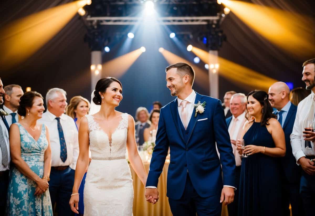 A couple stands in a spotlight, surrounded by guests at a wedding reception. They are smiling and holding hands, with a warm and celebratory atmosphere
