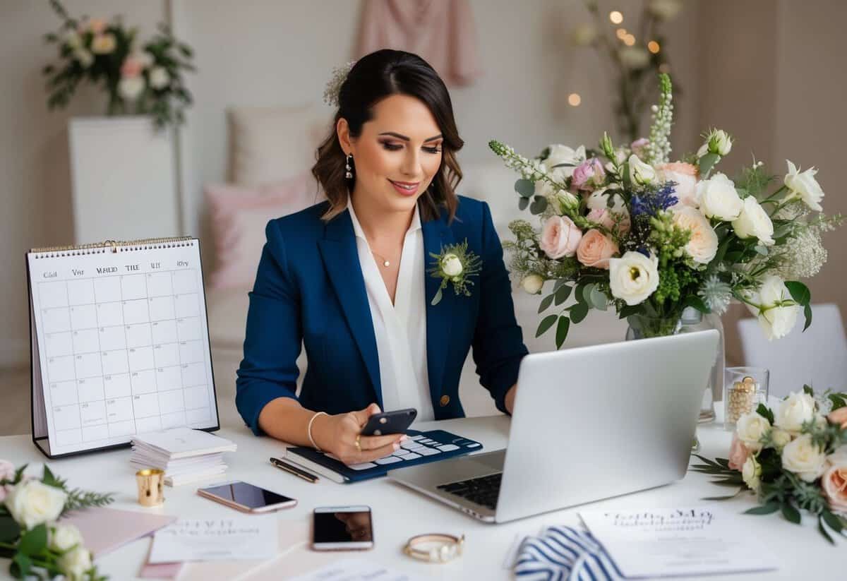 A wedding planner with a calendar, a laptop, and a phone, surrounded by flowers, fabric swatches, and invitations, working diligently to organize a wedding in the UK