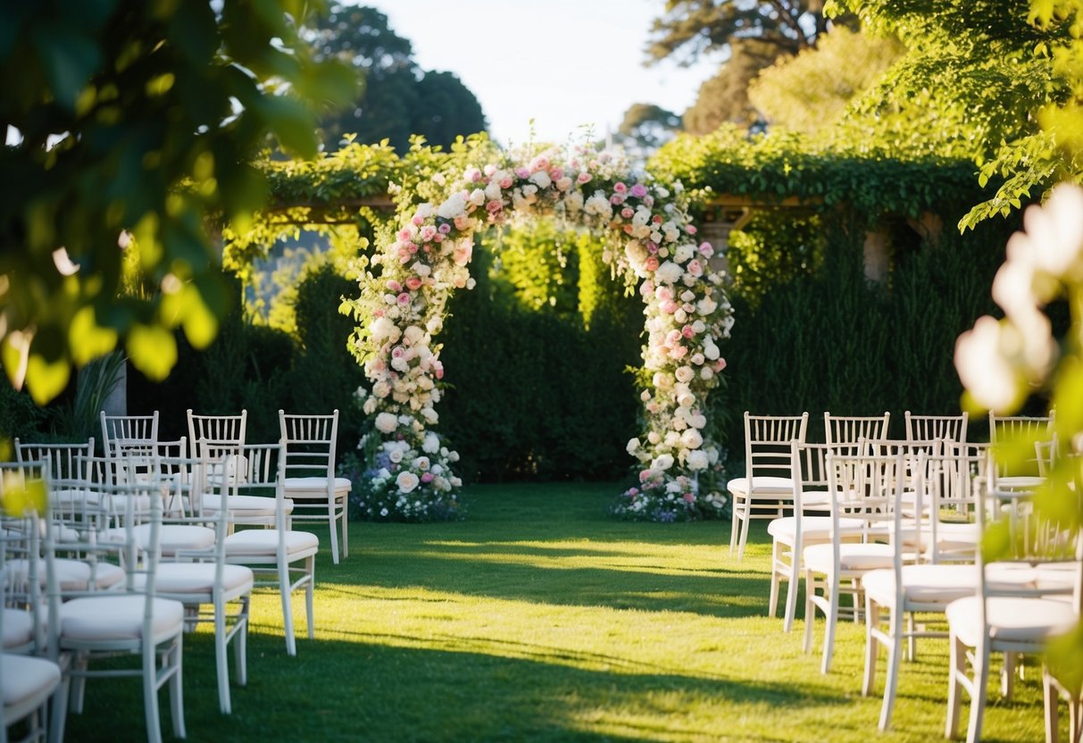 A sunlit garden with a floral arch and scattered chairs