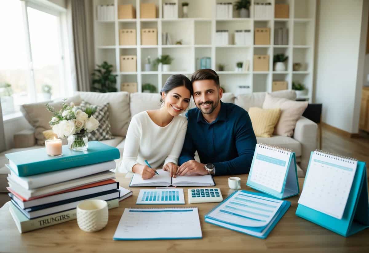 A couple surrounded by wedding planning books, calendars, and budget spreadsheets in a cozy living room