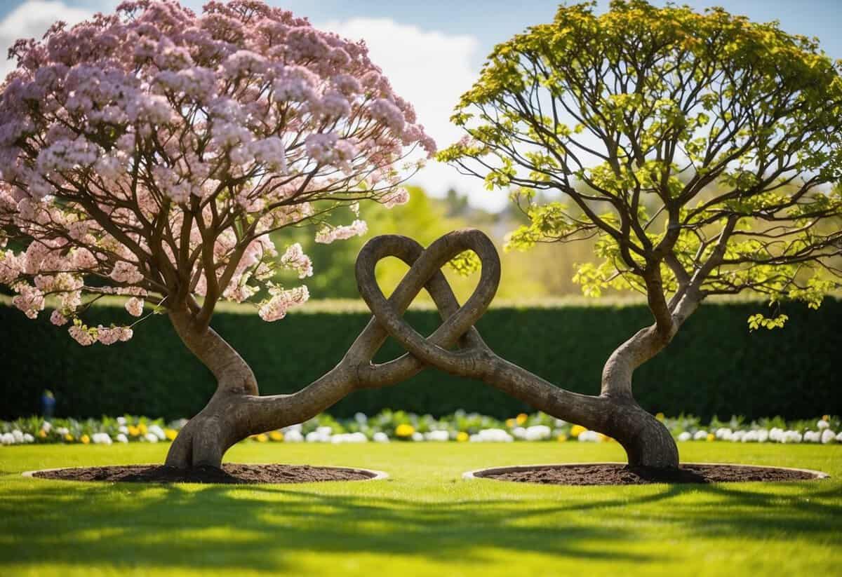 A blooming garden with two intertwining trees, symbolizing unity and growth