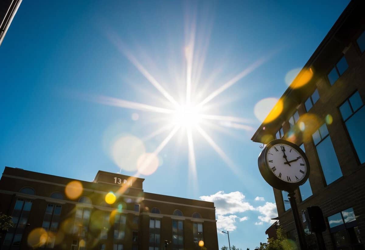 A bright sun shines directly overhead, casting strong shadows. A clock on a nearby building reads 1pm. The scene is filled with anticipation and excitement