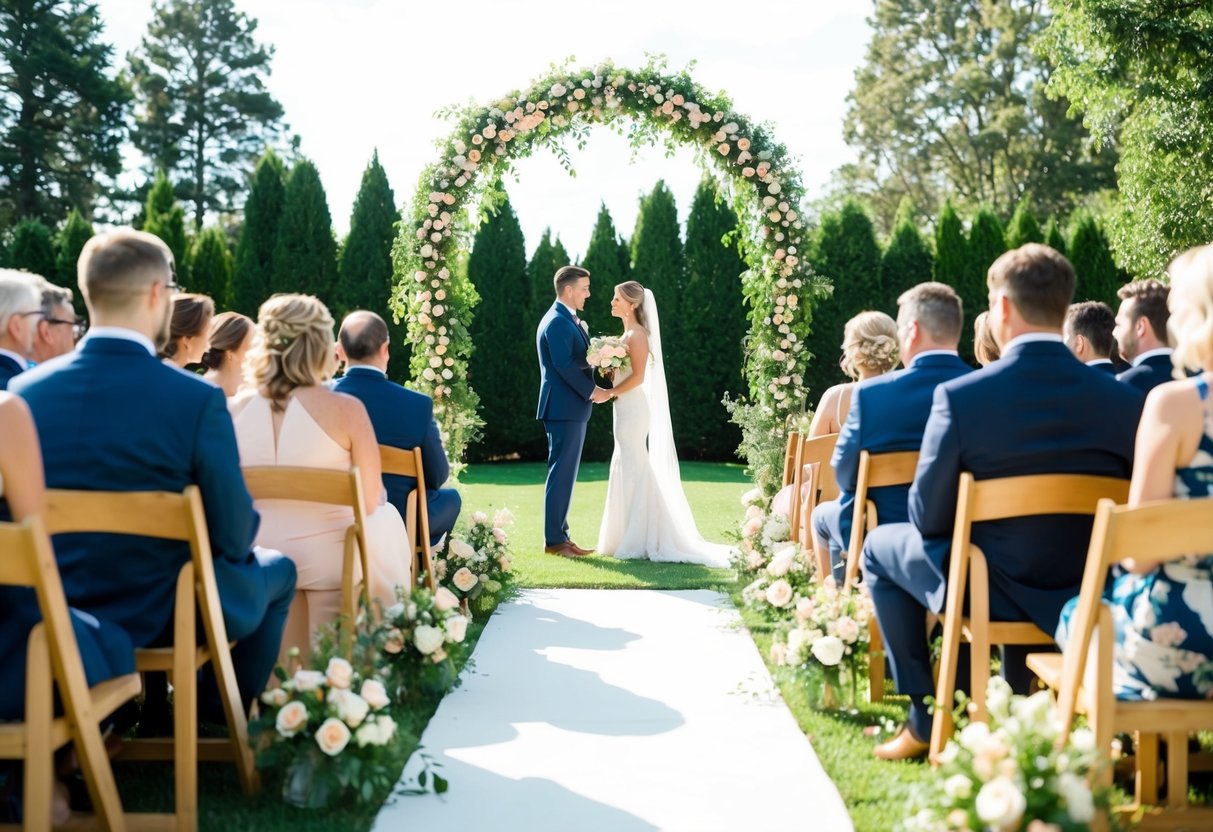 A sunny outdoor ceremony setting with guests seated and a beautiful archway adorned with flowers, set for a 1pm wedding