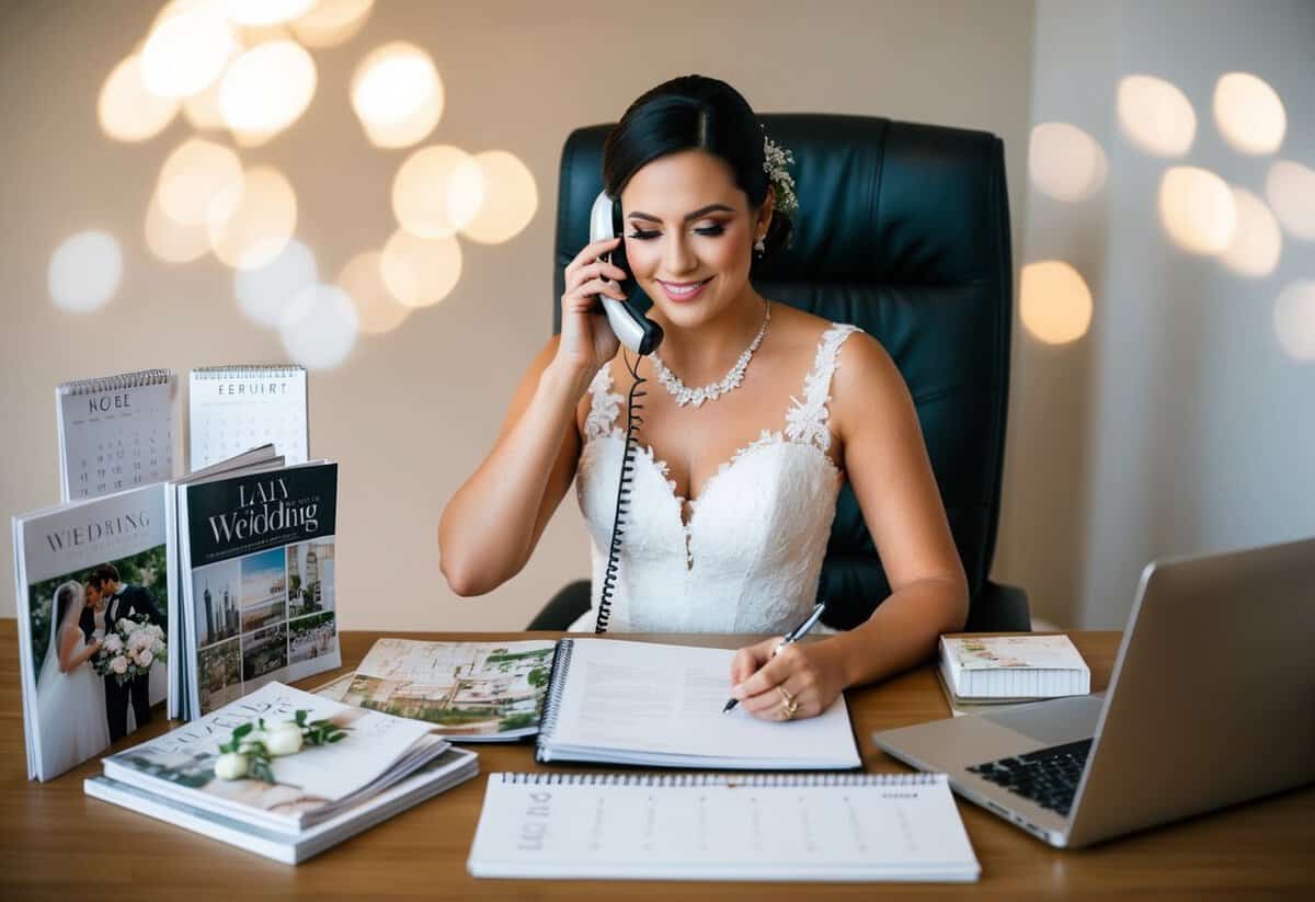 A bride sits at a desk surrounded by wedding magazines, a laptop, and a calendar. She is making phone calls and writing notes as she plans and organizes her wedding essentials