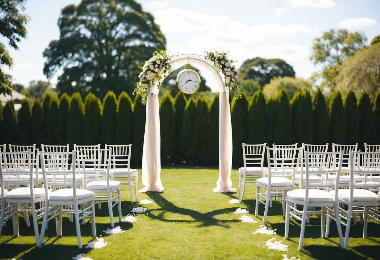 A sunny outdoor wedding venue with a decorated arch and rows of chairs. The clock on the wall reads 1pm