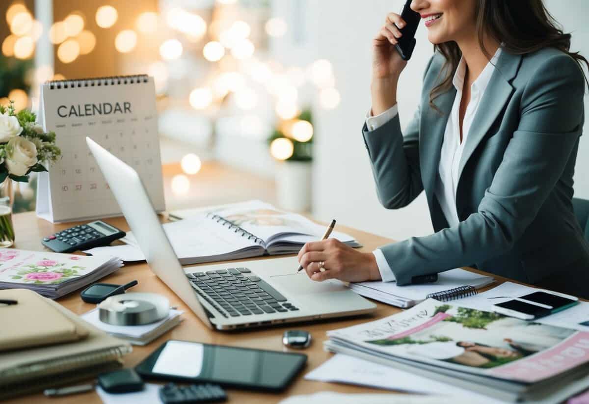 A wedding planner surrounded by a cluttered desk, with a calendar, laptop, and wedding magazines spread out, making phone calls and jotting down notes