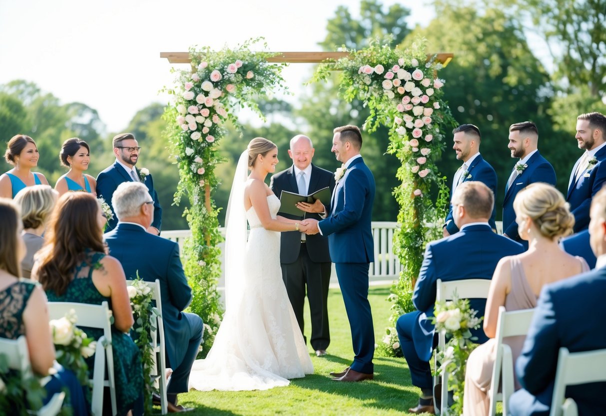 A bright, sunny outdoor wedding ceremony with guests seated and a floral archway set up for the couple to exchange vows