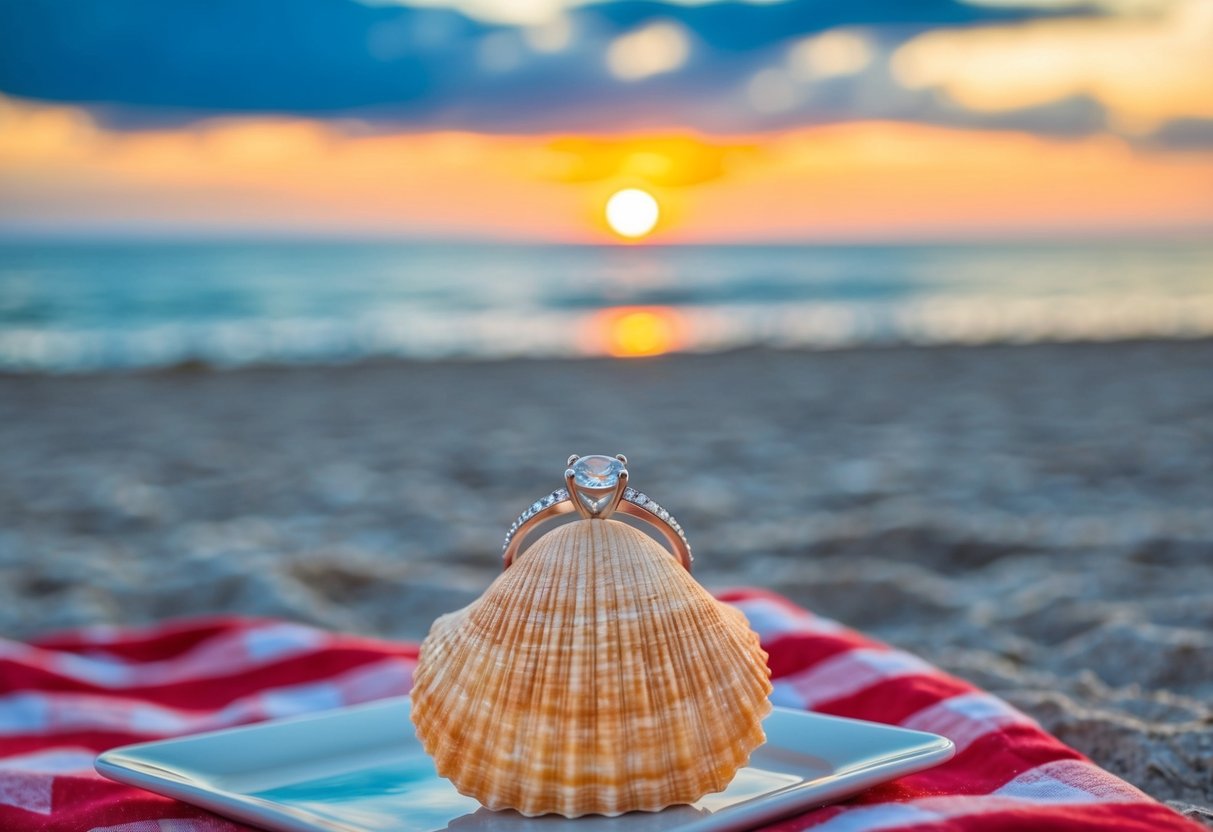 A sunset beach picnic with a ring in a seashell