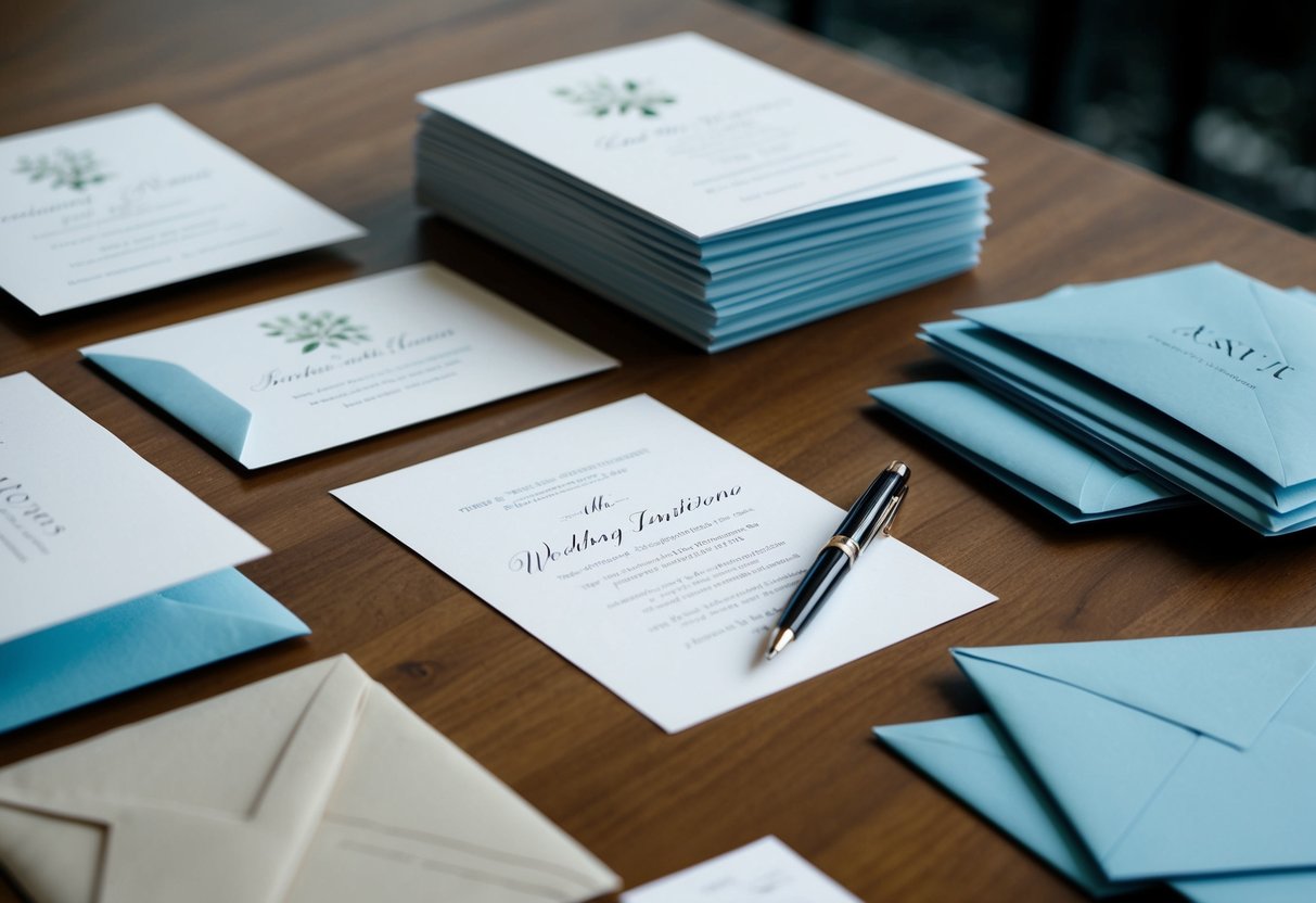 A table with a pen and paper, surrounded by wedding invitations and a stack of envelopes