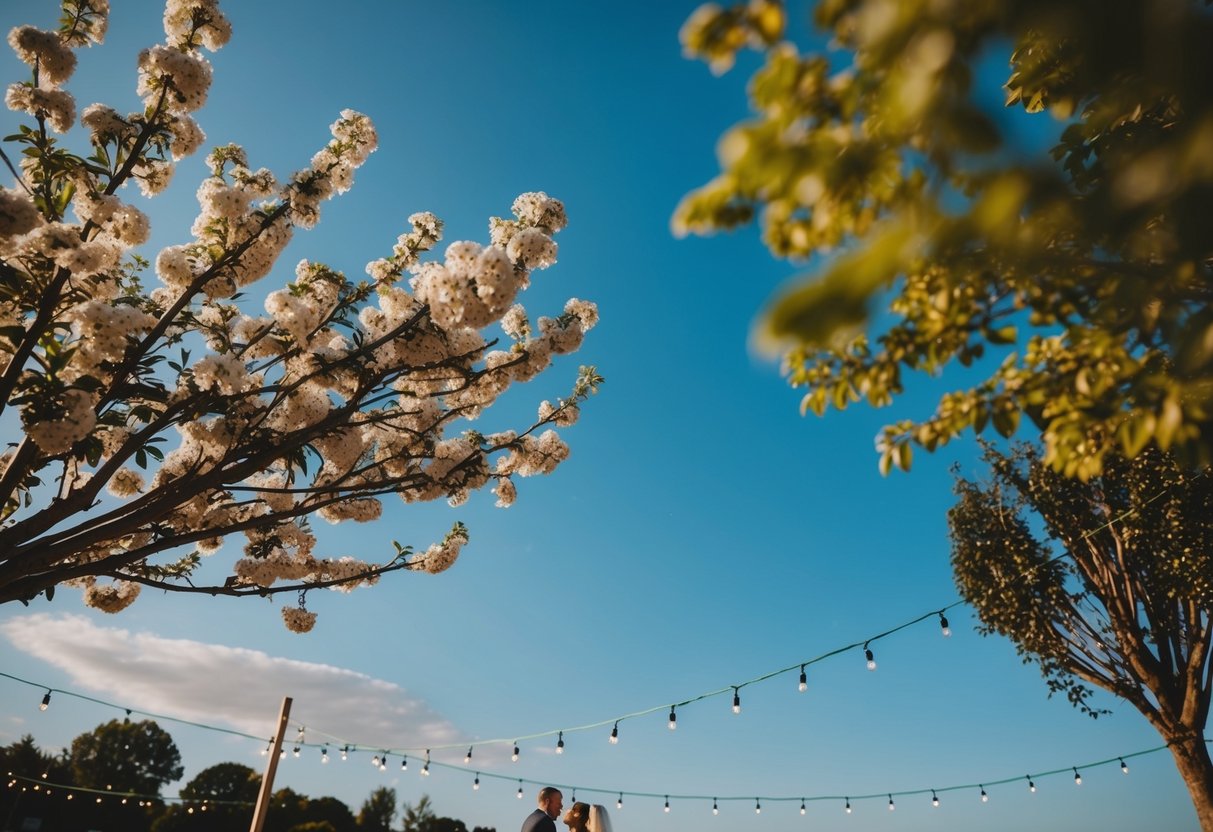 A sunny outdoor wedding in June with blooming flowers and a clear blue sky, or a cozy indoor wedding in December with twinkling lights and a festive atmosphere