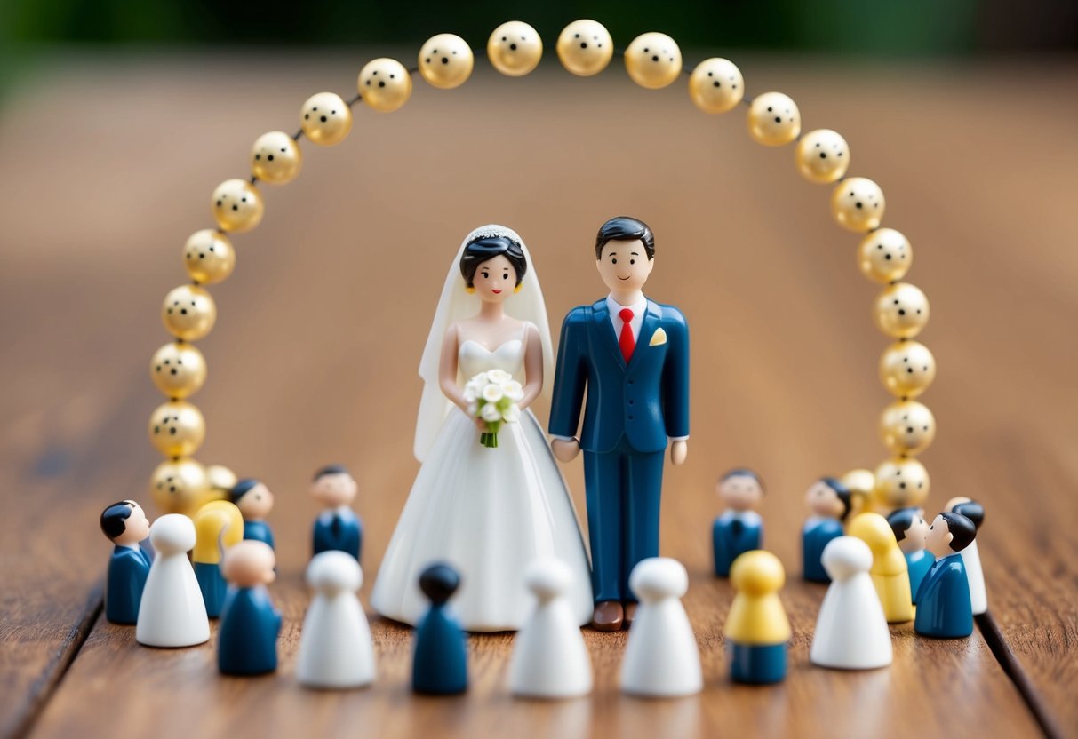 A wedding guest list size is represented by a bride and groom figurines surrounded by a circle of smaller figurines, symbolizing the rule of thumb for the number of guests