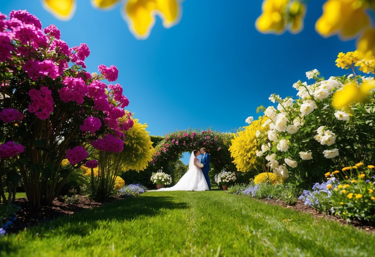 A sunny, blooming garden with vibrant flowers and a clear blue sky, representing the ideal setting for a wedding in the luckiest months