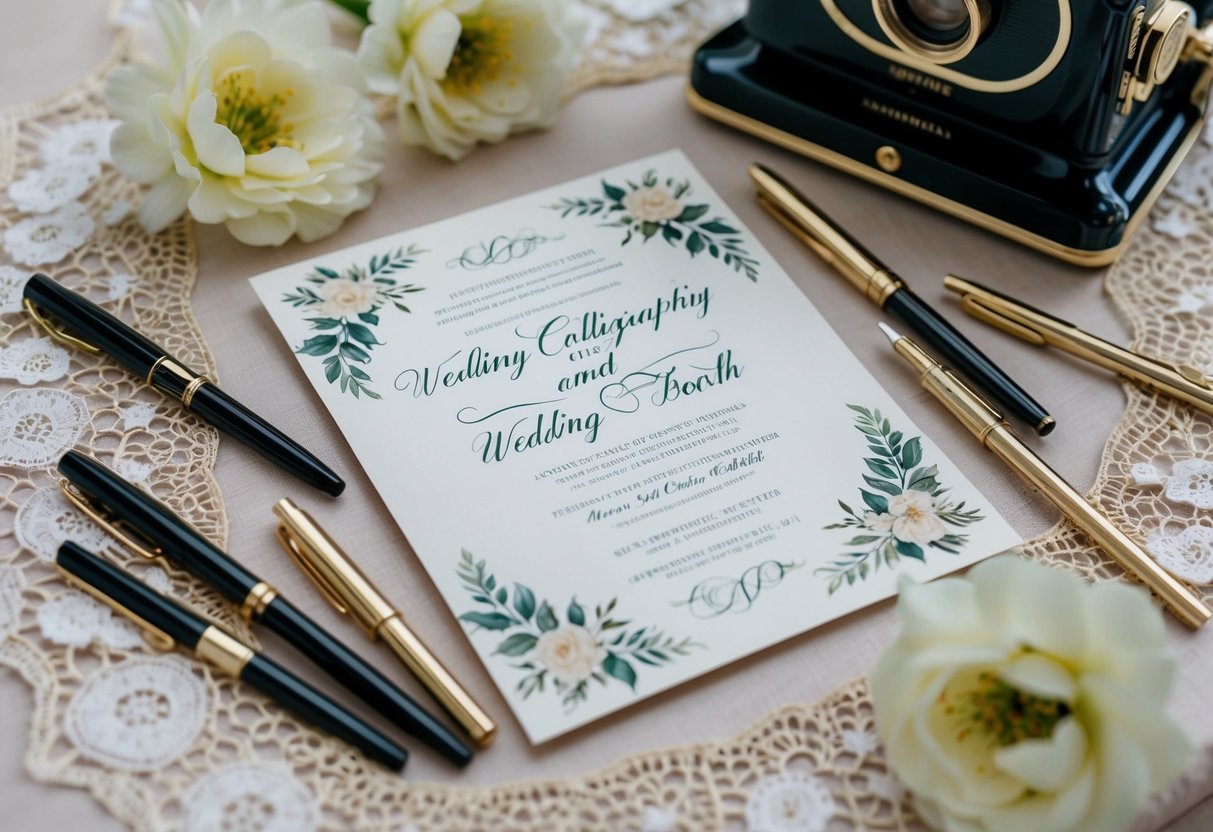 A beautifully decorated wedding invitation surrounded by elegant calligraphy pens and a delicate lace tablecloth