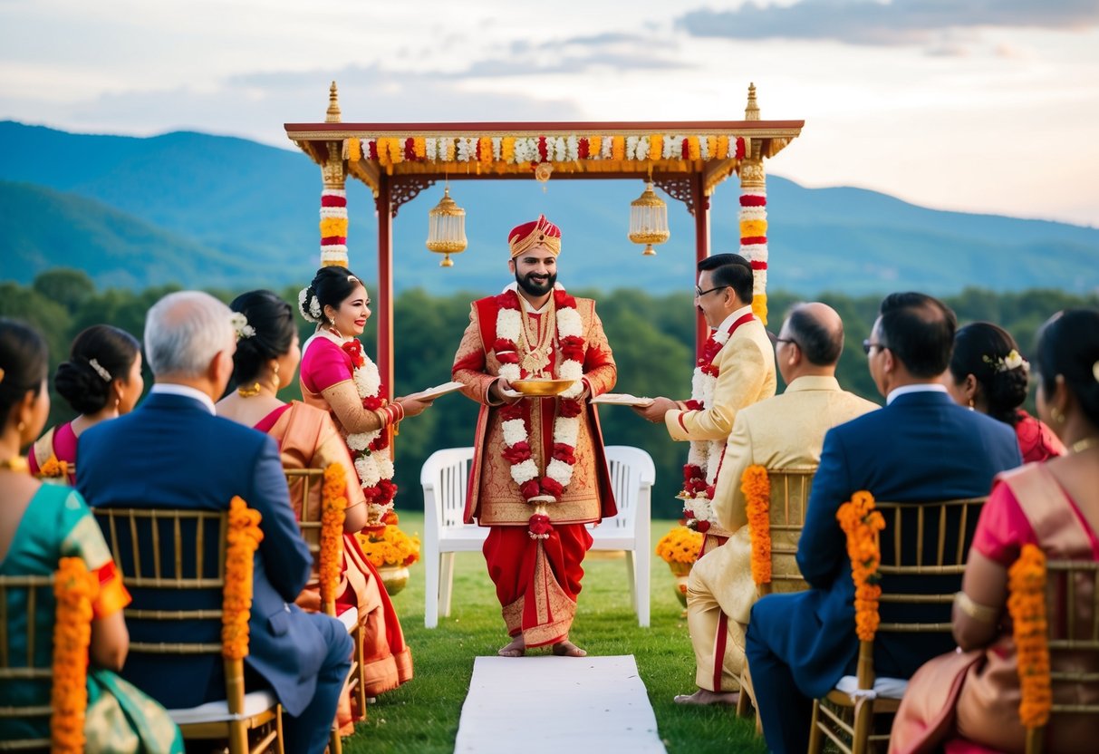 A vibrant scene of a traditional wedding ceremony set in a picturesque outdoor location during the auspicious months of June or September