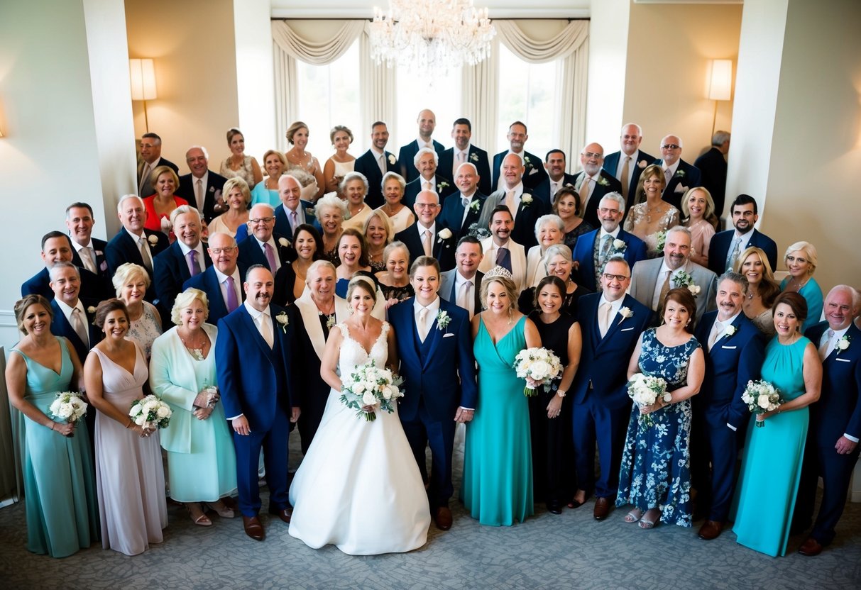 A diverse group of wedding guests, ranging from close family to distant acquaintances, gathered in a beautiful venue, reflecting the couple's chosen wedding style