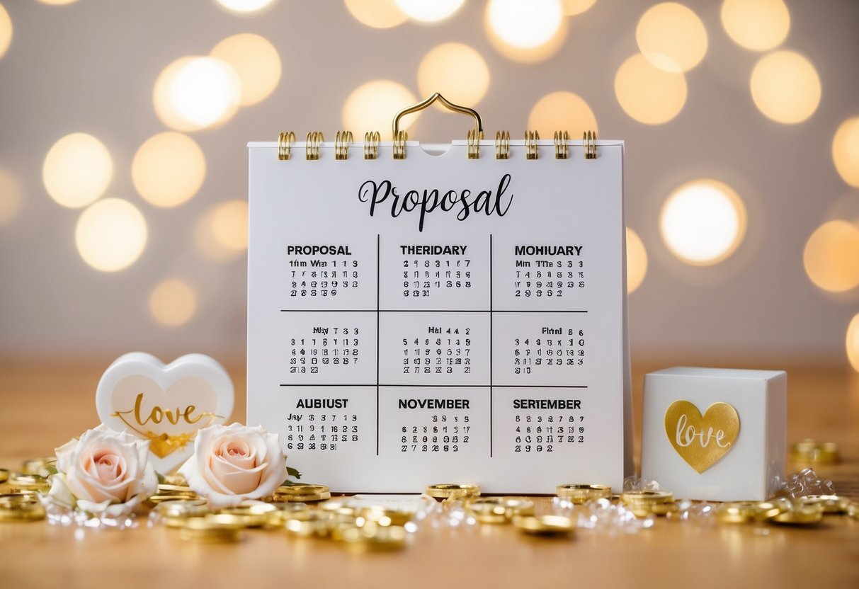 A calendar marked with proposal and wedding dates, surrounded by symbols of love and celebration